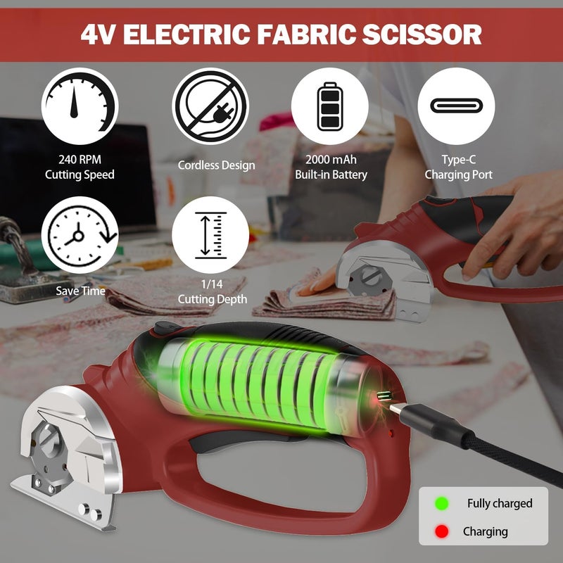 Pratuor Cordless Electric Scissors, 4V Box Cutter & Cardboard Cutter with 2 Titanium Blades - Rotary Cutter with LED Light for Fabric, Leather, Carpet, Plastic, Crafting + Storage Case (Red) - Image 3
